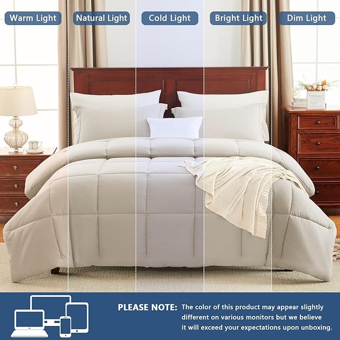 CozyLux Queen Size Comforter Sets Beige - 3 Pieces Box Stitched Queen Bed Set for All Seasons, Soft Lightweight Bedding Sets with 1 Down Alternative Comforter and 2 Pillow Shams