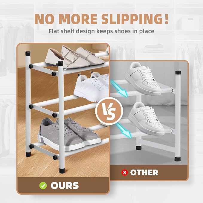 STORAGE MANIAC Expandable Shoe Rack, 12 Pairs Stackable Small Shoe Rack, Metal Adjustable Shoes Organizer for Closet, Entryway, Hallway, Garage, Front Door, Shoes Shelves, White 3 Tier - Image 5