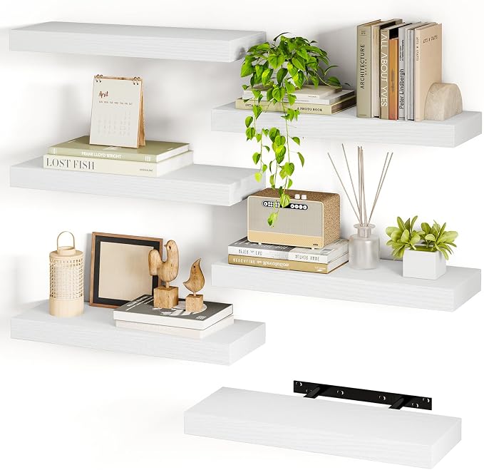 Fixwal White Shelves, 15.8in Floating Shelves, Farmhouse Shelf Wall Decor for Bathroom, Bedroom, Living and Kitchen Set of 6 by Fixwal