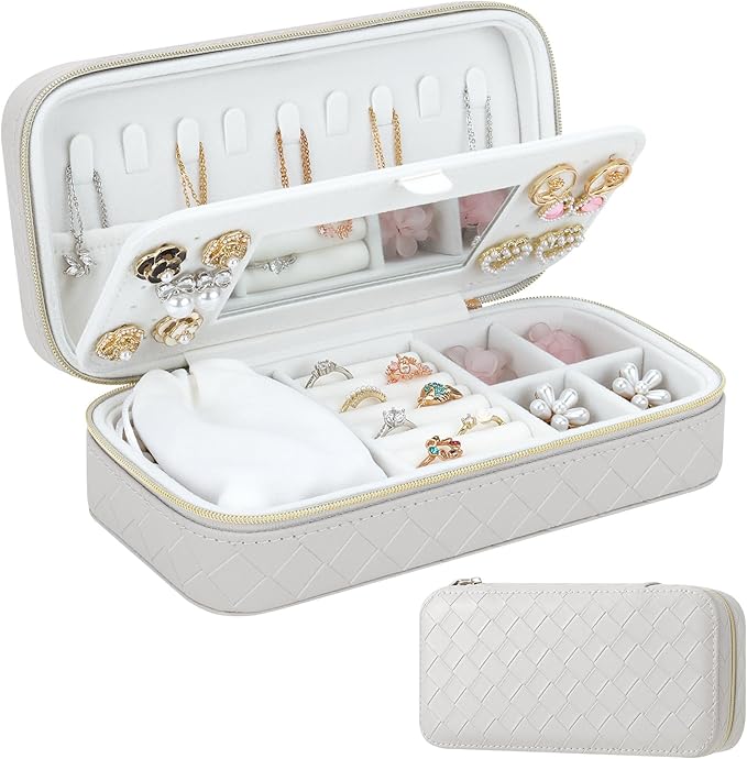DesignSter Travel Jewelry Case, Woven Embossed PU Leather Jewelry Organizer with Mirror, Small Portable Jewelry Box for Women Rings Necklaces Bracelets Earrings by DesignSter