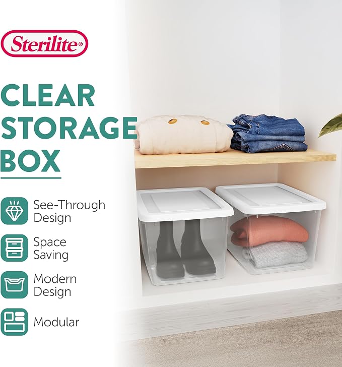 Sterilite 16 Pack Storage Box, 20 Quart Stackable Tote, Clear Plastic Container with Secure Snapping Lids for Home and Office Organization, White - Image 2