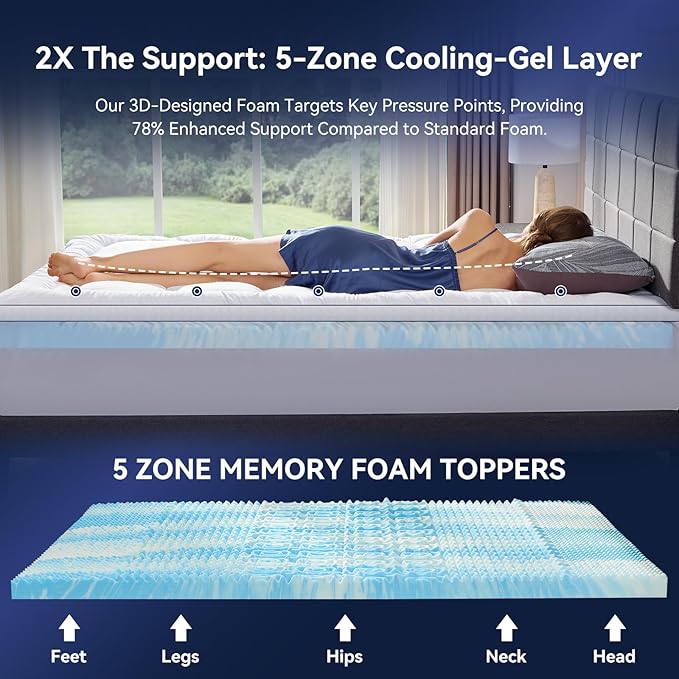 King Size Dual Layer 4 Inch Memory Foam Mattress Topper, 2 Inch Fluffy Soft Pillow Top Mattress Pad Cover and 2 Inch Gel Memory Foam for Back Pain Relief, Breathable, Cooling