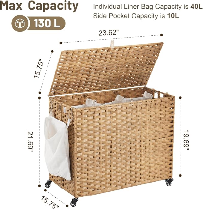 Laundry Hamper with Wheels, 34.3 Gallon(130L) Rolling Laundry Basket with Lid, 3-Section Rattan Clothes Hamper with 3 Removable Liner & 3 Mesh Bags, Laundry Sorter with Side Pocket, Natural - Image 4