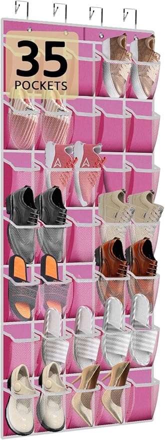 PAULONE 35 Pocket Over the Door Shoe Organizer,Reusable Breathable Large Mesh Bag Men's & Women's Sneaker Organizer,Shoe Organizer for Kids,Hanging Shoe Storage Hanging Bag (Pink) by Unknown