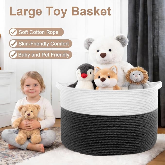 XXXL Large Laundry Basket, 105L Soft Cotton Rope Basket, Blanket Storage and Organizers, Baby Nursery Laundry Hamper, Extra Large Toys Storage Bins for Kids 23.6'' x 14.6'', White & Black - Image 4