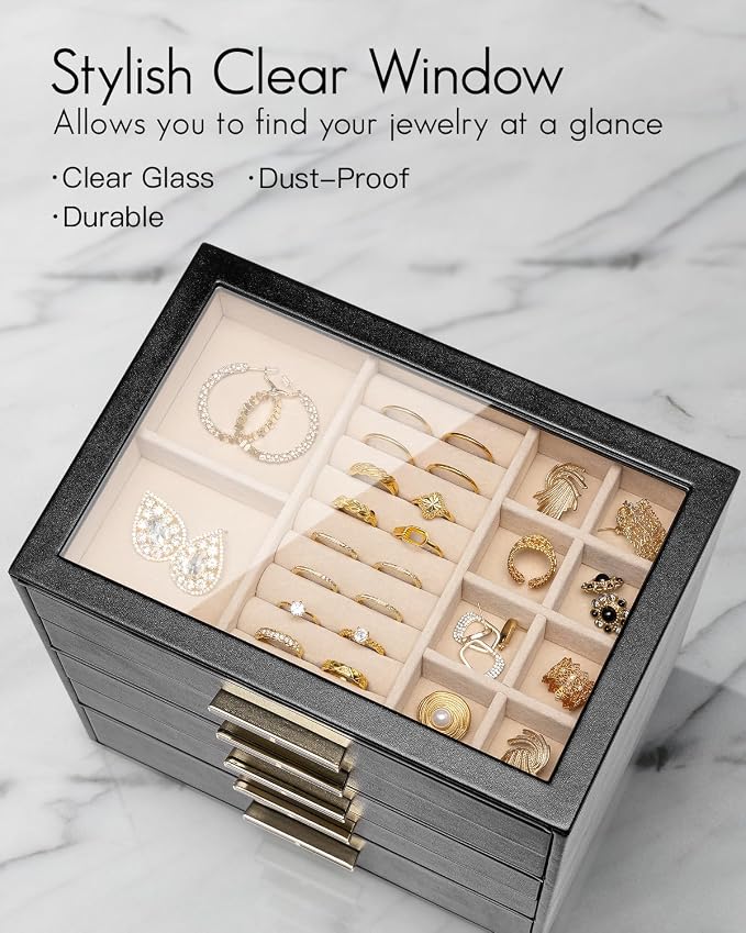 VLANDO 5 Layer Jewelry Box for Women, Glass Lid Jewelry Organizer with 5 Drawers for Necklaces Rings Earrings Bracelets - Black - Image 3