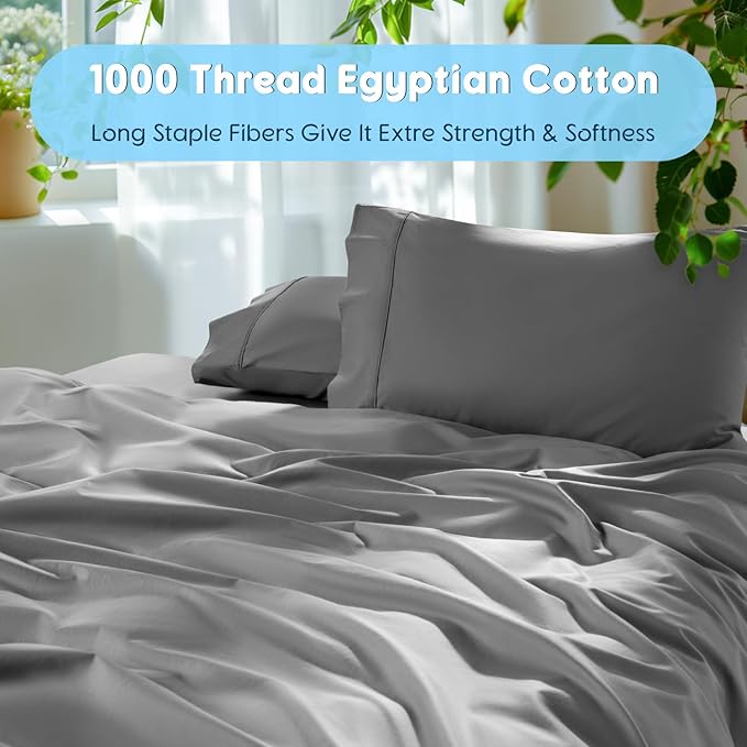 SONORO KATE 100% Egyptian Cotton Sheets Set - 1000 High Thread Count, Luxury 5-Star Hotel Sateen Bed Sheets, Soft, Breathable Long Staple Sheets, Fit up to 16" - 4 PC (Grey,King)