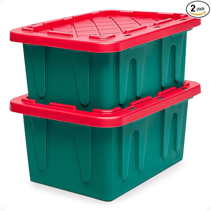 HOMZ 2-Pack Durabilt, Heavy Duty Plastic Storage Bins with Lids, 15 Gallon, Green/Red - Stackable Container Boxes for Holiday, Attic, and Garage Organization by Homz