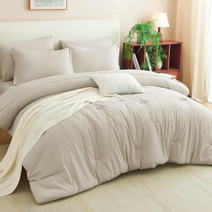 CozyLux Queen Comforter Set Beige, 7 Pieces Bed in a Bag Queen Comforter Set with Sheets, Luxury Soft Bedding Sets with Down Alternative Comforter, Fitted Sheet, Flat Sheet, Pillowcases & Shams