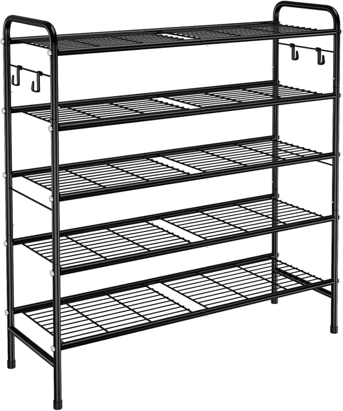 VILICK 5 Tier Shoe Rack 33" Wide Metal Shoe Organizer Long Shoe Storage with 4 Side Hooks Sturdy Shoes Shelf for Closet, Front Door Entrance, Garage, Dorm, Black by VILICK