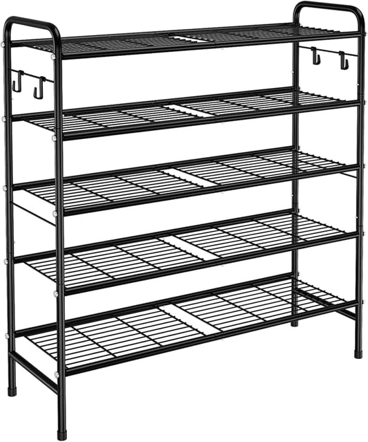 VILICK 5 Tier Shoe Rack 33" Wide Metal Shoe Organizer Long Shoe Storage with 4 Side Hooks Sturdy Shoes Shelf for Closet, Front Door Entrance, Garage, Dorm, Black by VILICK