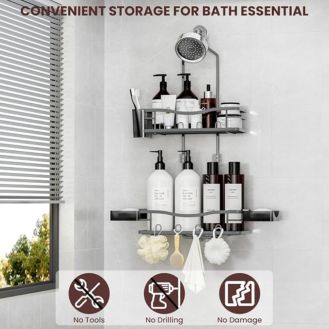 REINHARDT Shower Caddy Hanging, Rustproof Bathroom Caddy Anti-Swing Shower Organizer No Drilling Bath Racks with Soap Holder Multi Hooks Bathroom Storage for Shampoo Sponge, Grey - Image 2