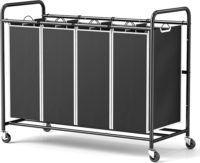 ROMOON Laundry Hamper Sorter Cart: 4-Section Organizer with Heavy-Duty Lockable Wheels and Removable Bags | 180L Rolling Laundry Basket for Dirty Clothes in Laundry Room or Small Spaces (Black) by ROMOON