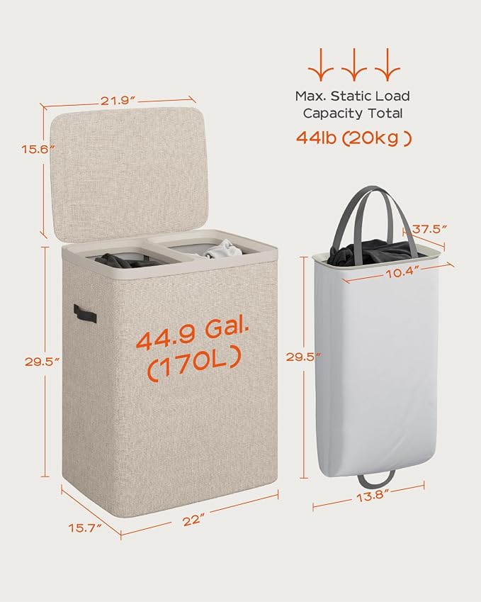 CASAMAYA Laundry Basket with Lid, Laundry Hamper 2 Section, 170L collapsible Laundry Organizer, Easy Assembly, with Handles and Removable Liners, 22 x 15.7 x 29.5 Inches, Beige JSP903M - Image 6