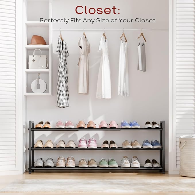 Bumusty 3-Tier Long Expandable Shoe Rack for Closet, 18"-44" Adjustable Shoe Rack for Entryway, 15-18 Pairs Large Shoe Organizer Shelf Storage, Sturdy Metal, Black - Image 2