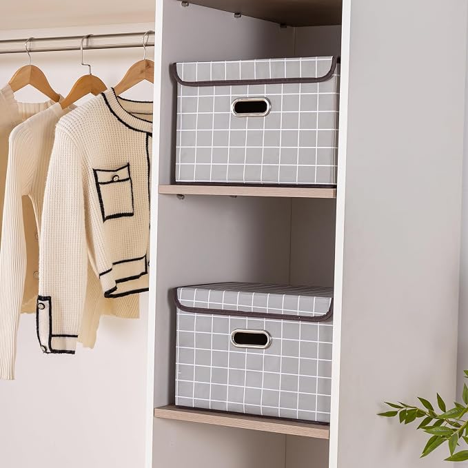 STOREONE Fabric Storage Cube Bins Foldable Organizer Container Collapsible Basket with Lids and Metal Handles, for Home, Bedroom, Closet 3 Pcs (Grey grid) - Image 4