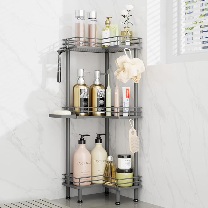 Consumest Corner Shower Caddy Standing - 3-Tier Stainless Steel Shower Organizer with Soap Holder and 4 Hooks, Large Capacity Corner Shelf Stand for Bathroom, Rest Room, Grey by Consumest