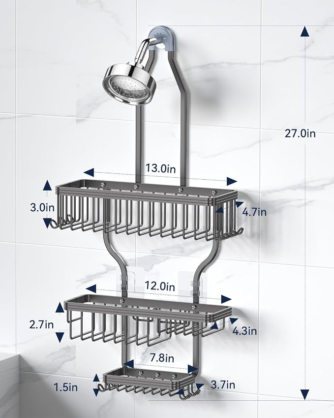 YASONIC Shower Caddy Hanging - Never Rust Organizer - Aluminum over The head caddy with 10 Hooks for Razor/Sponge - Shower Rack with Soap Basket - Grey - Image 8