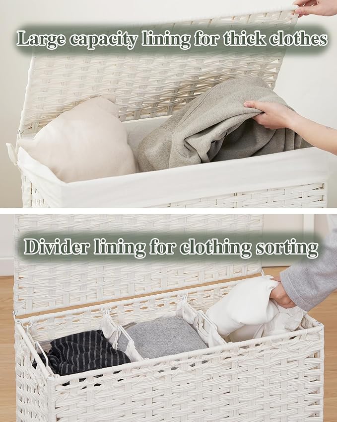 SETVSON Laundry Hamper with Lid Laundry Basket 132 L (35 Gal) Wicker Clothes Hamper, Handwoven Rattan Hamper with Handles and 4 Removable Liner Bags, 6 Mesh Bags for Laundry Bedroom White - Image 3
