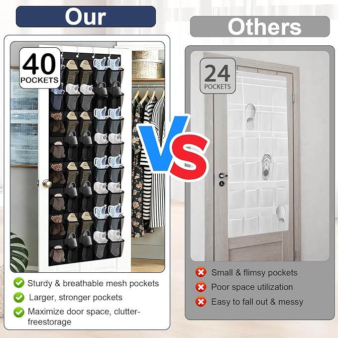 Over the Door Shoe Organizer - 40 Large Breathable Mesh Pockets, Space Saving Hanging Shoe Organizer with Metal Hooks, Hanging Shoe Rack for Men's and Women's Shoes (Black) - Image 2