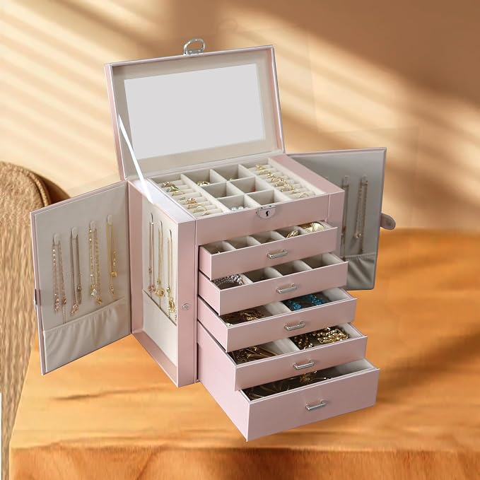 BOOVO Jewelry Box For women, 6 Layer Large Jewelry Organizer With Mirror, Multi-Function Storage Box With Lock, Accessory Holder With 5 Drawers, For Earrings Necklace Ring Bracelet (Rose Gold) - Image 6