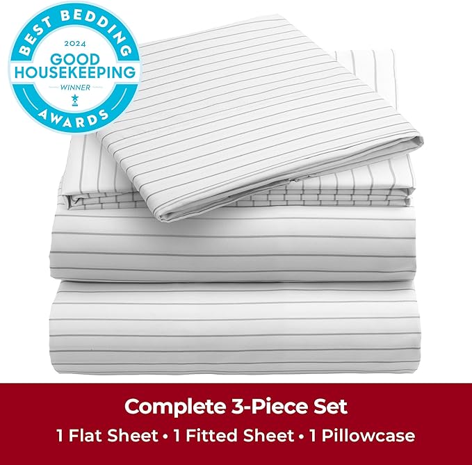 Mellanni Twin Sheets Set - 3 PC Iconic Collection Bedding - Hotel Luxury, Extra Soft, Cooling Bed Sheets - Wrinkle, Fade, Stain Resistant (Twin, Pinstripe Gray)