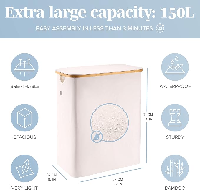 LONBET Laundry Basket with Lid, Made from Breathable Fabric | Aesthetic Clothes Hampers for Laundry with Side Handles & Sturdy Bamboo Frame (40 Gallons - Double, Beige) - Image 4
