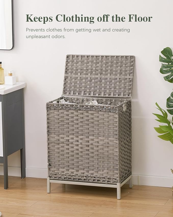 SETVSON Laundry Hamper with Lid, 112 L Handwoven Rattan Wicker Laundry Basket, 2 Removable Liner Bags Metal Heightened Feet, 6 Mesh Bags, 2 Section Large Clothes Hamper for Bathroom Bedroom, Gray - Image 2