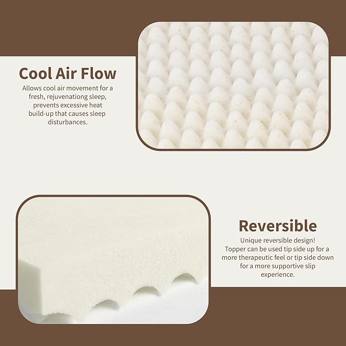 Treaton, 3-Inch Convoluted Copper-Infused Memory Foam Mattress Toppers, Cooling and Pressure Relieving with Airflow Design, Queen, Beige
