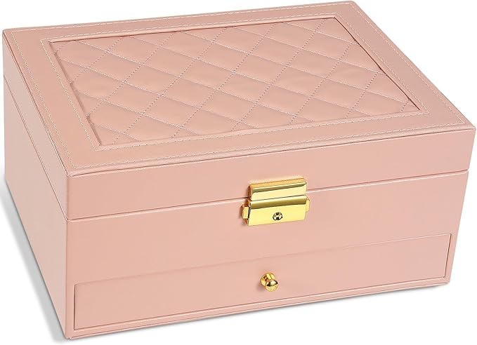 2-Layer Jewelry Box for women, jewelry organizers and storage with Removable Jewelry Tray, vintage quilted top Lockable Jewelry Holder Gift Idea Pink by Unimoly