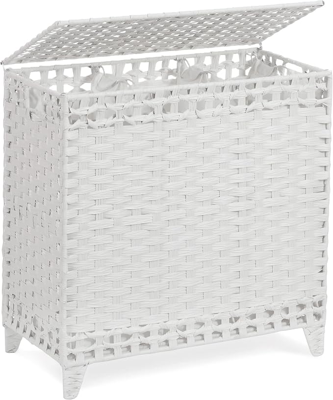 Laundry Hamper with 3 Removable Liner Bags; 132L Handwoven Rattan Laundry Basket with Lid & Heightened Feet; Clothes Hamper with Side Handles; Laundry Sorter with 3 Separate Sections by Hermina