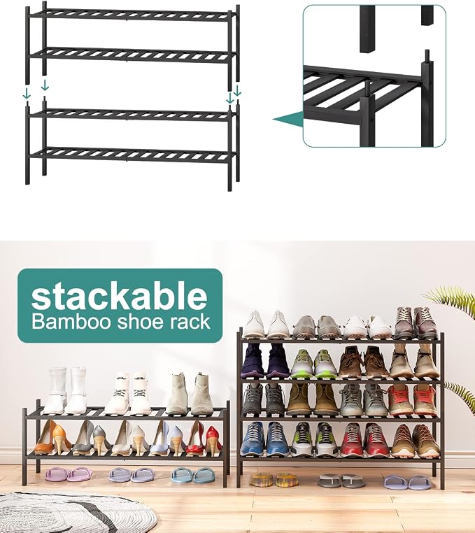 viewcare Black Shoe Rack, 2-Tier Long Shoe Rack for Entryway, Bamboo Wood Shoe Shelf for Closet & Hallway, Long 33IN | Beautiful | Functional | Sturdy | Durable - Image 6