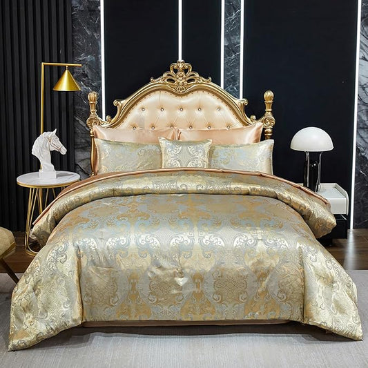 Gold Comforter Set with Taupe Sheet Set Jacquard Bedding Set 8 Pcs Vintage Neoclassical Floral Elegant Bed Home Decor Soft Comforter Luxury Hotel Silky Bed in a Bag Queen with 1 Cushion Cover