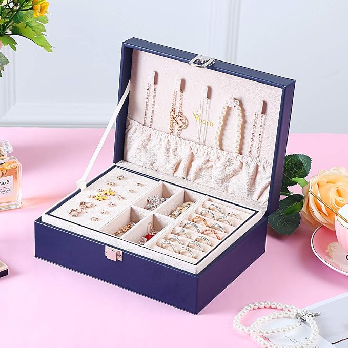 Voova Jewelry Box Organizer for Women Girls, 2 Layer Large Men Jewelry Storage Case,PU Leather Display Jewellery Holder with Removable Tray for Necklace Earrings Rings Bracelets，Vintage Gift，Navy Blue - Image 4