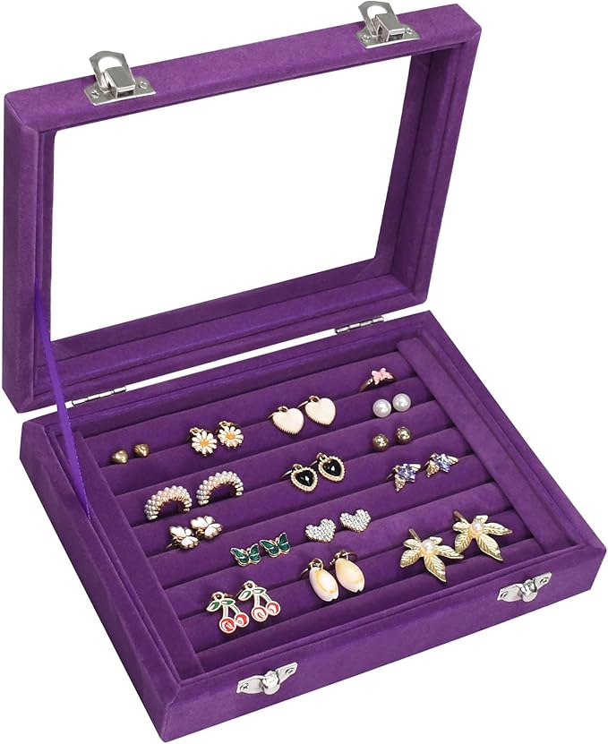 Vicoter Rings Organizer Tray 7 Slots Velvet Jewelry Earring Storage Box with Transparent lid Jewelry Display Case for Girls Wife Mom Women (Purple) by Vicoter