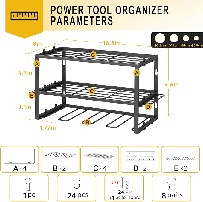 Spacecare Power Tool Organizer- Power Drill Tool Holder- Heavy Duty Tool Shelf & 2 Pack 3 Layers Tool Rack Cordless Drill Holder- Floating Tool Shelf Wall Mounted Tool Storage Rack for 8 Drill Holders - Image 2