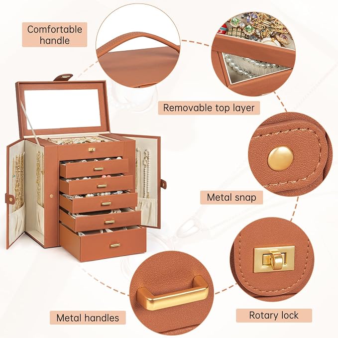 AKOZLIN Huge Jewelry Box Organizer Functional Large Leather Jewelry Storage Case for Women Girls Ring Necklace Earring Bracelet Holder Organizer with Mirror - Image 4