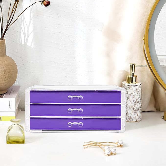 ProCase Earring Holder Organizer Jewelry Box with 3 Drawers, Acrylic Clear Earring Case with Adjustable Velvet Trays for Women - Purple, 3 Layers - Image 6