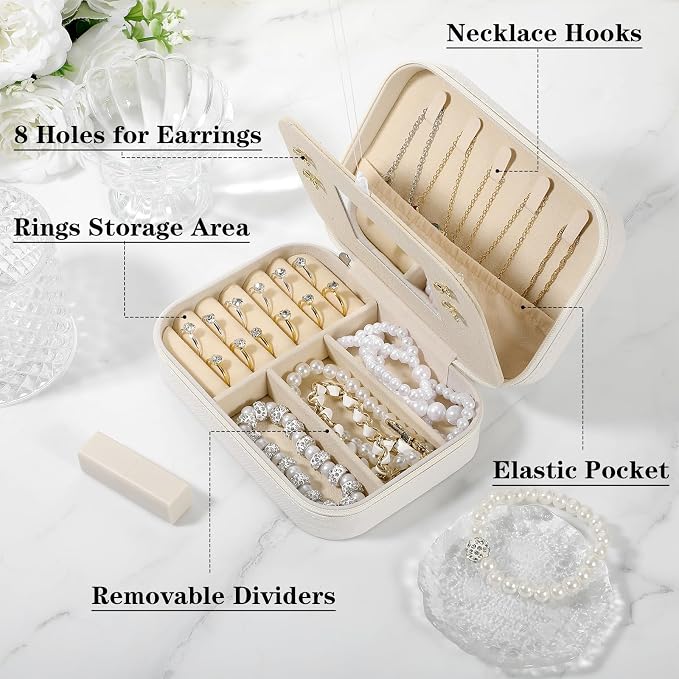 2-Pack PU Leather Travel Jewelry Organizer Cases with Mirror for Women, Portable Velvet Jewelry Box Set for Earrings, Rings, Necklace, Bracelet - Luxury Gift Set (Beige) - Image 3
