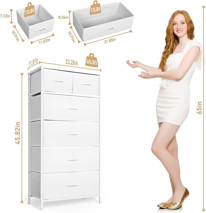 Mifuro Tall Dresser for Bedroom, Vertical Storage Organizer Tower with 6 Drawers, Chest of Drawers with Fabric Bins, Steel Frame, Wood Top for Bedroom, Closet, Entryway- White - Image 3
