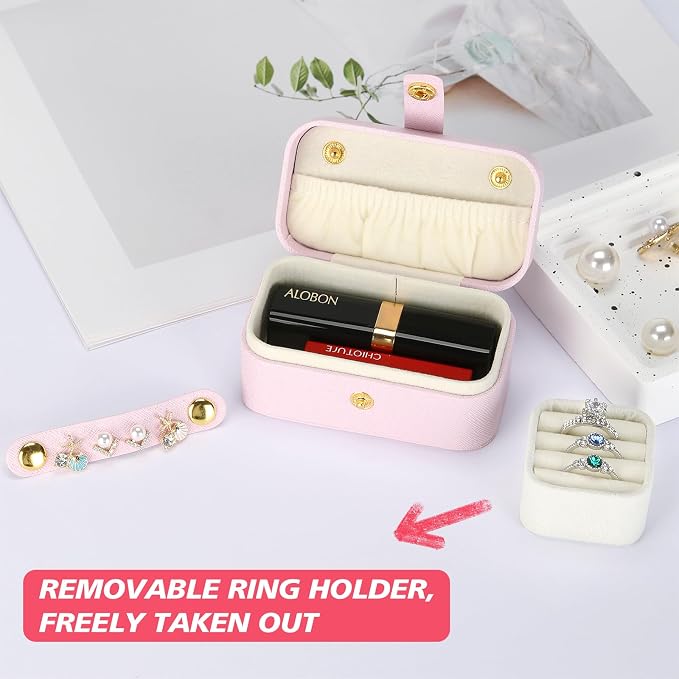 KUKUVR Small Travel Jewelry Box, Mini Jewelry Holder for Multiple Rings Necklace Earrings Lipstick, Portable Jewelry Storage Organizer Case with Removable Ring Slot (PINK) - Image 6