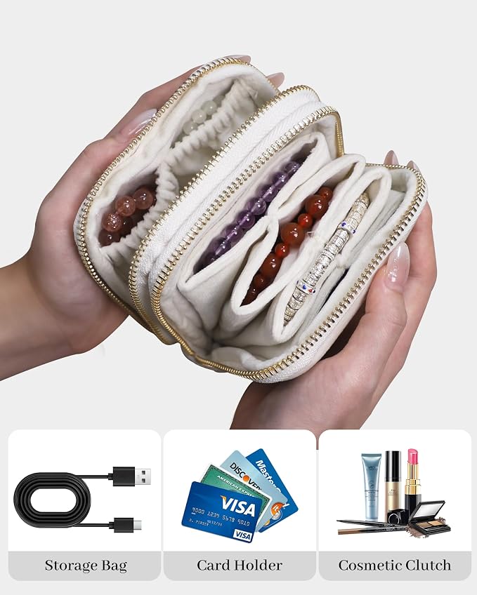 Stratalife Travel Jewelry Case Organizer 2-Layer Compact Storage Bag for Rings Earrings Necklace Bracelet Portable Velvet Jewelry Pouch with Zippers Travel Essential Gift for Women Cream White - Image 3