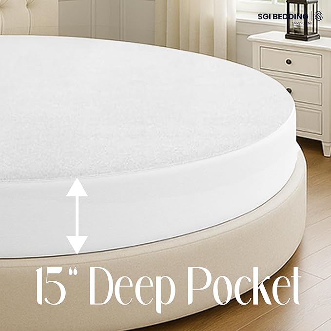 Round Mattress Protector 76" Diameter Size- 15" Deep Pocket Fitted Style Mattress Pad Cover Skin-Friendly, Super Soft & Breathable Bed Protection Against Moisture, Spills, Stains - White