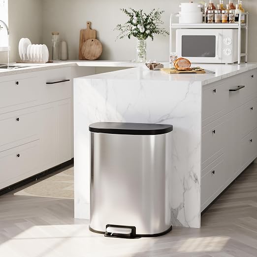 Garvee Stainless Steel Trash Can, 50 L/13 gal Hands Free Garbage Can with Soft Close Lid and Foot Pedal, Metal Kitchen Waste Bin with Inner Bucket for Living Room, Office, D Shape, Silver - Image 2