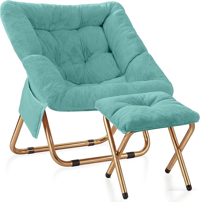 Kasunpul Comfy Saucer Chair, Foldable Living Room Chairs, Soft Faux Fur Lounge Chair for Bedroom, Reading Chairs for Adults, Teens, X-Large (Mint)