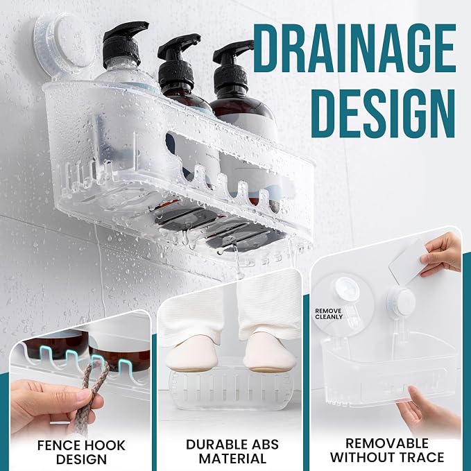 TAILI Shower Caddy Suction Cup 2 Pack, Heavy Duty Bathroom Organizer, Removable Shelves for Inside Shower, Shampoo, Waterproof Suction Plastic Storage for Bathroom Accessories Holder, Frosted Clear - Image 3