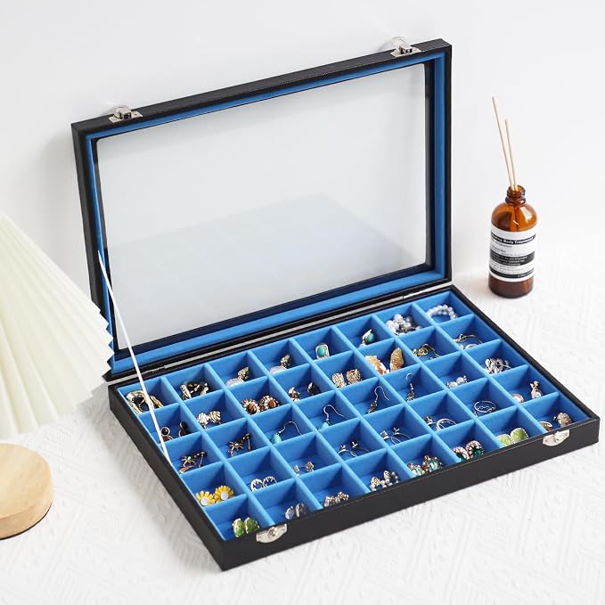 Stratalife Jewelry Organizer 40 Grid Blue Black Jewelry Tray with Clear Dust-proof Lid Velvet Earring Organizer Necklace Rings Holder Display Drawer Storage Case for Women - Image 4