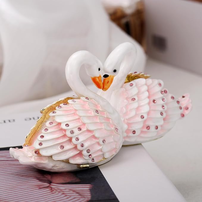 Hand Painted Animal Trinket Box for Home Decor, Hinged Jewelry Organizer Storage, Unique Personalized Collectible Keepsake Figurine Handmade Decorative Ornament Gifts (Swan Couple) - Image 5