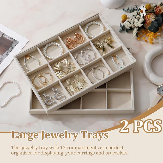 Large Velvet Jewelry Tray 2 Pack Stackable Jewelry Display Drawer Inserts Trays Organizer for Earring Bracelet Necklace Ring (Beige, 12 Grids) - Image 2