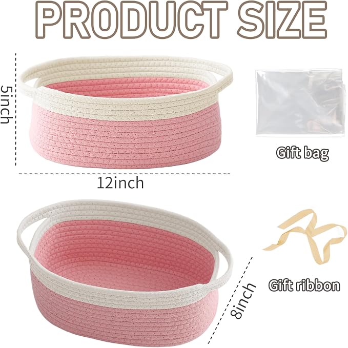 JMvicyroam Woven Basket,Small Rope Storage Bin with Handles & Ribbon Bag, Organizer for Shelves Closets,Gift Basket Empty for Birthday,Books,Dog Toys, White&Pink/3 Pack - Image 2